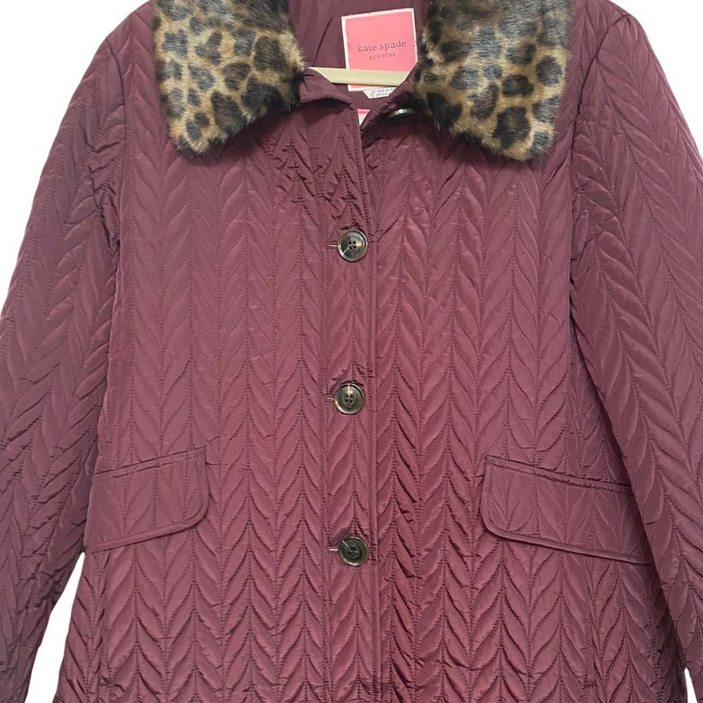 Kate Spade Quilted Chevron Jacket w/ Removable Faux Fur Leopard Collar - Picture 3 of 13